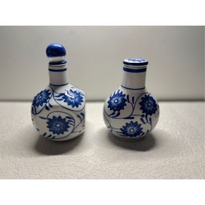 Lot of 2 Floral Painted Decorative Decanter Bottles With Lid Blue And White